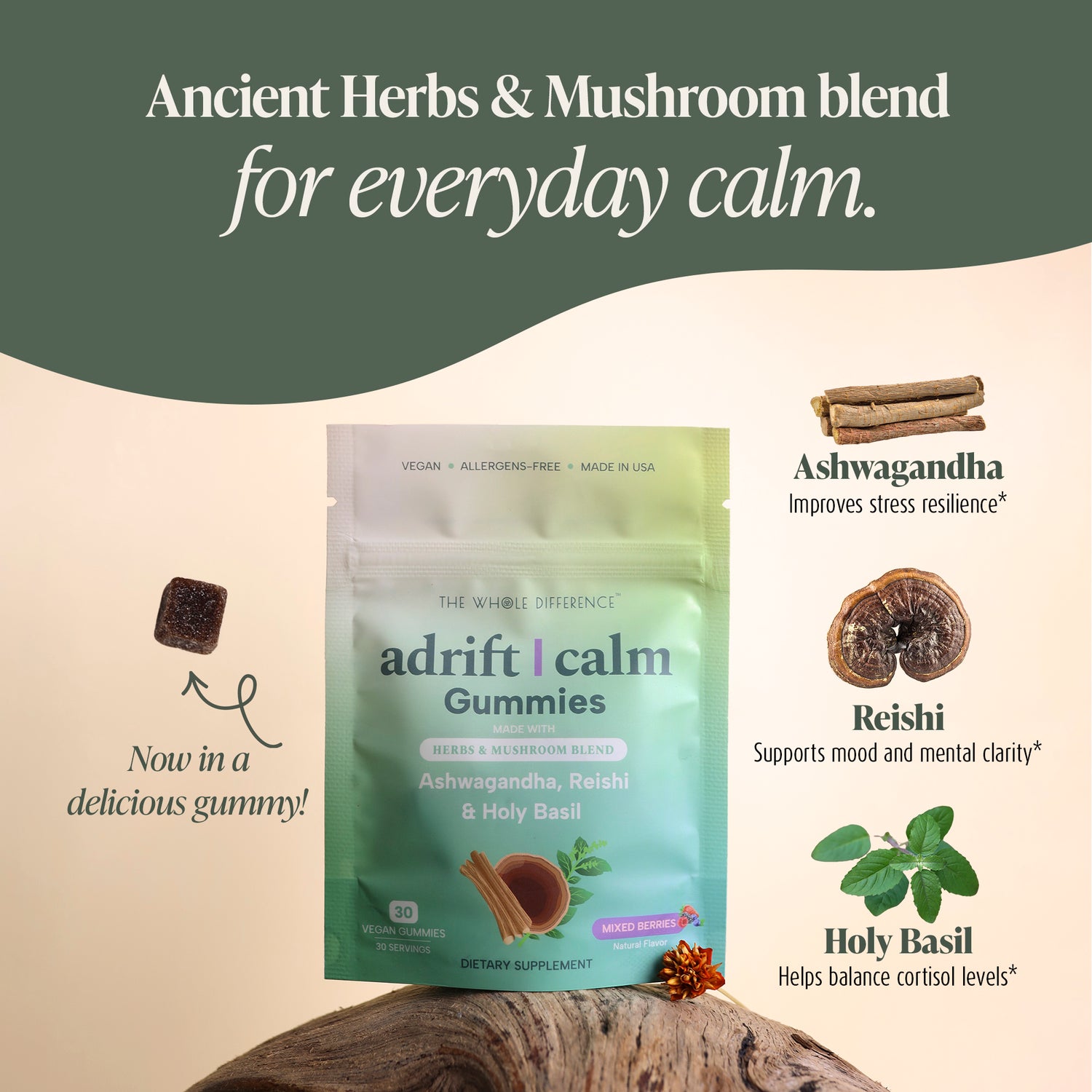 Adrift and Calm Ayurvedic Herbs and Mushroom Wellness Gummies